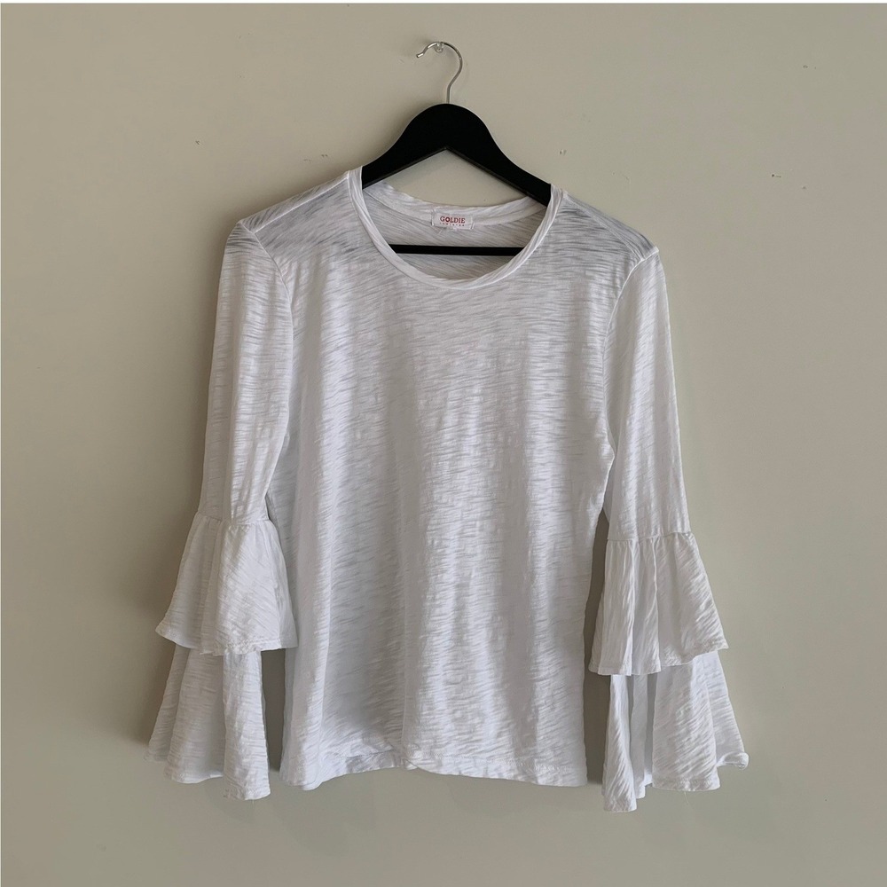 Goldie Lewinter White Slub Knit Double Ruffle Bell Sleeve Top Womens M